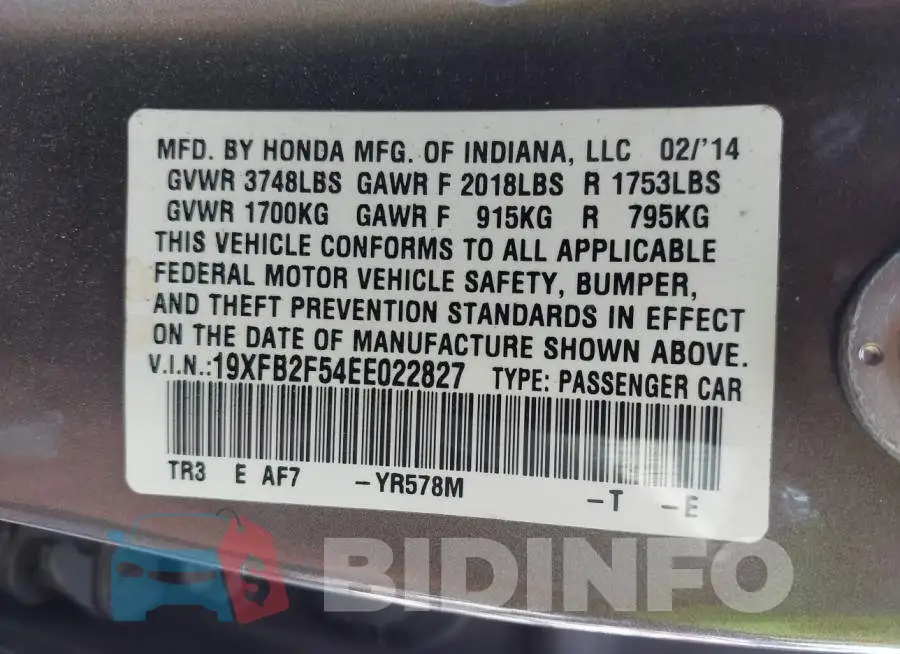 19XFB2F54EE022827 Photo# 9