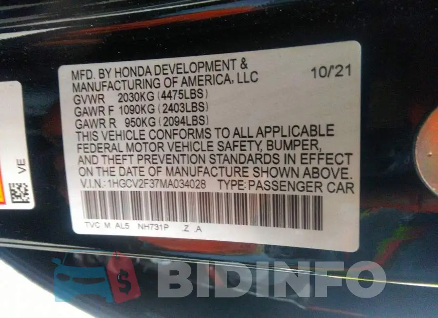 1HGCV2F37MA034028 Photo# 9