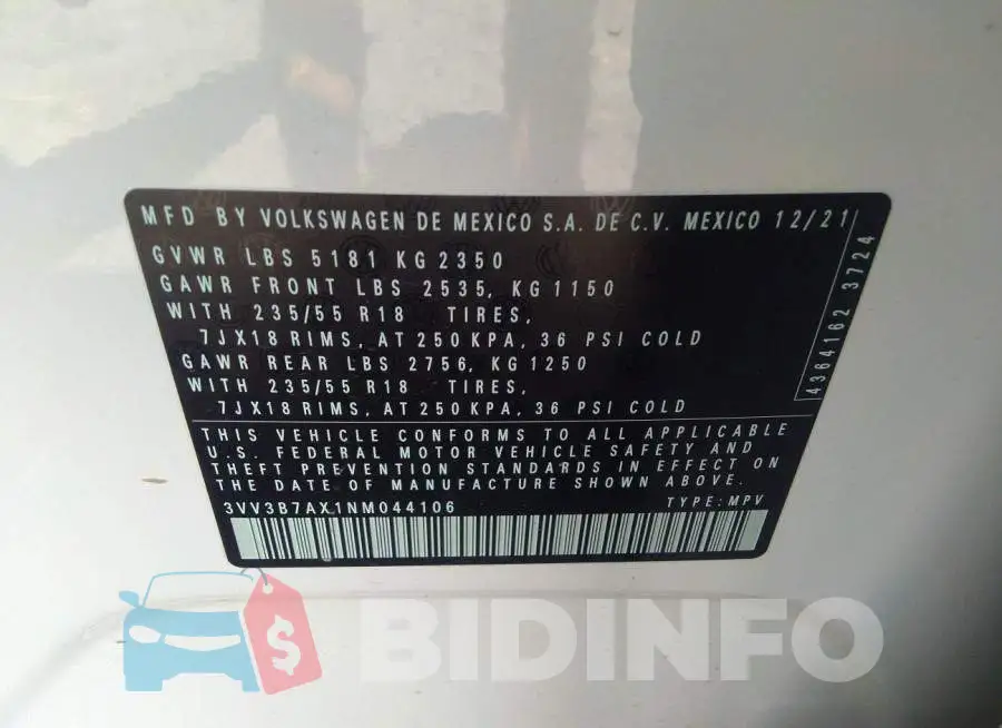 3VV3B7AX1NM044106 Photo# 9