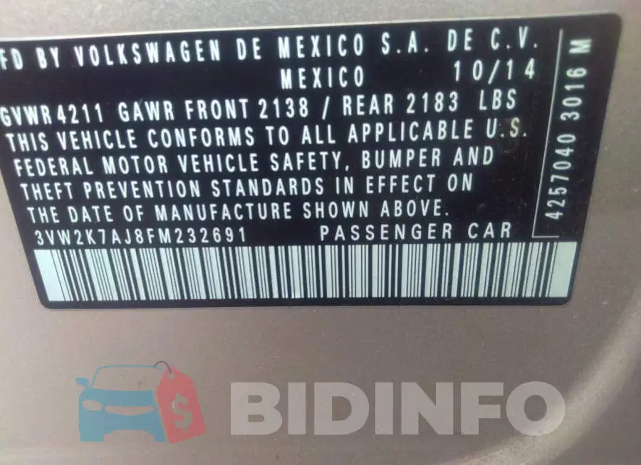 3VW2K7AJ8FM232691 Photo# 9