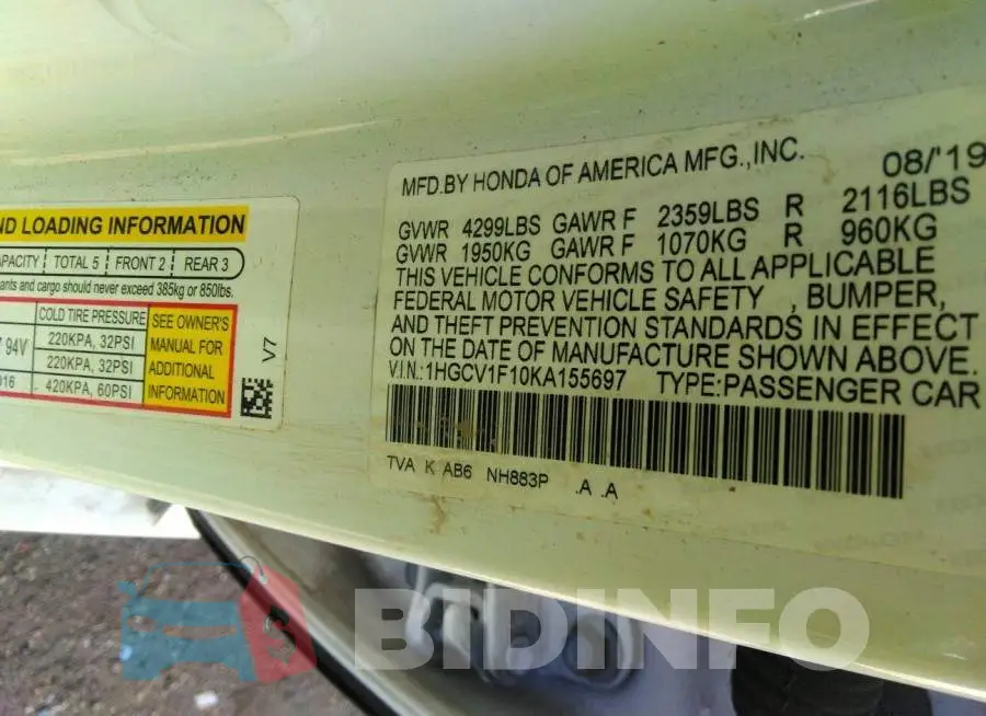 1HGCV1F10KA155697 Photo# 9