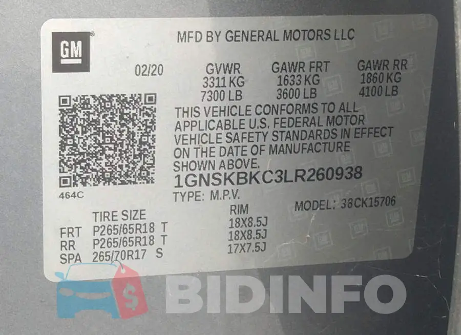 1GNSKBKC3LR260938 Photo# 9