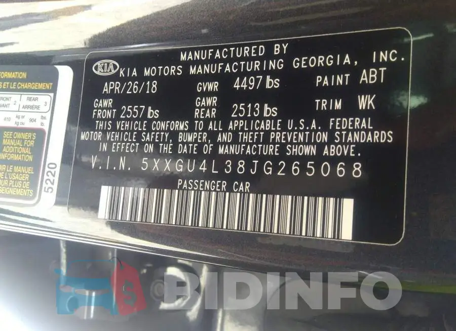 5XXGU4L38JG265068 Photo# 9