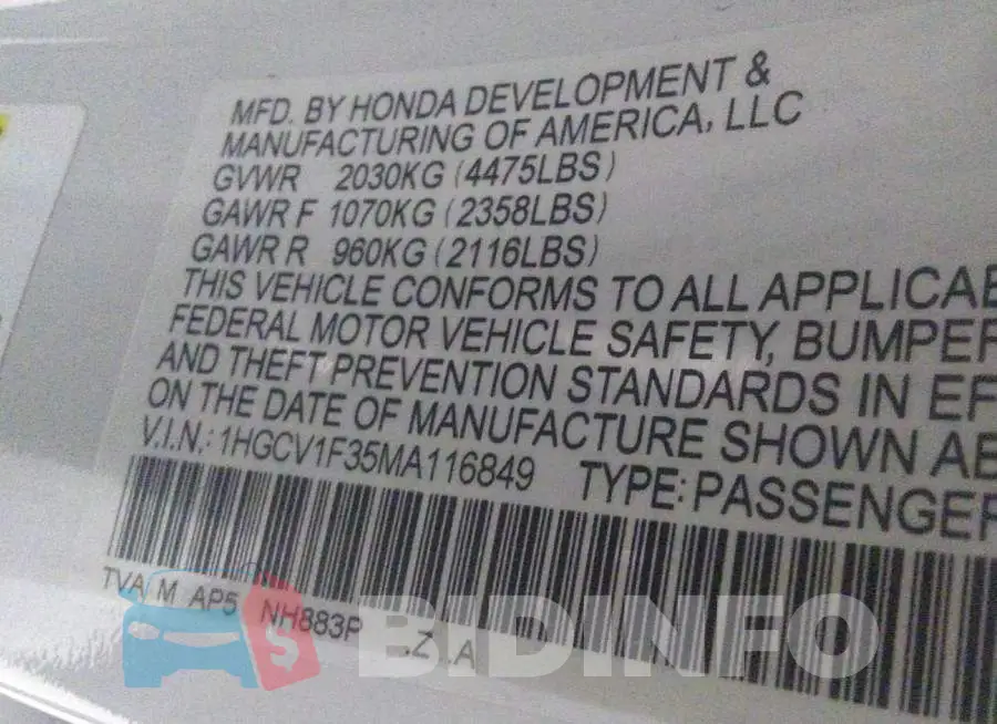 1HGCV1F35MA116849 Photo# 9