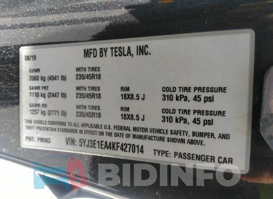 5YJ3E1EA4KF427014 Photo# 9