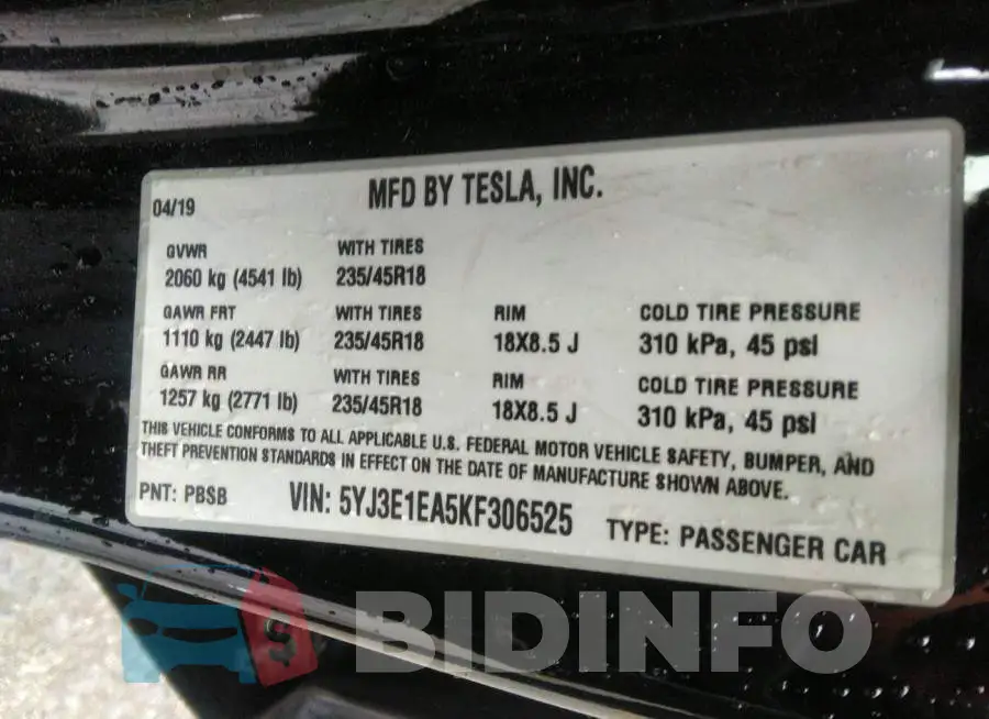 5YJ3E1EA5KF306525 Photo# 9