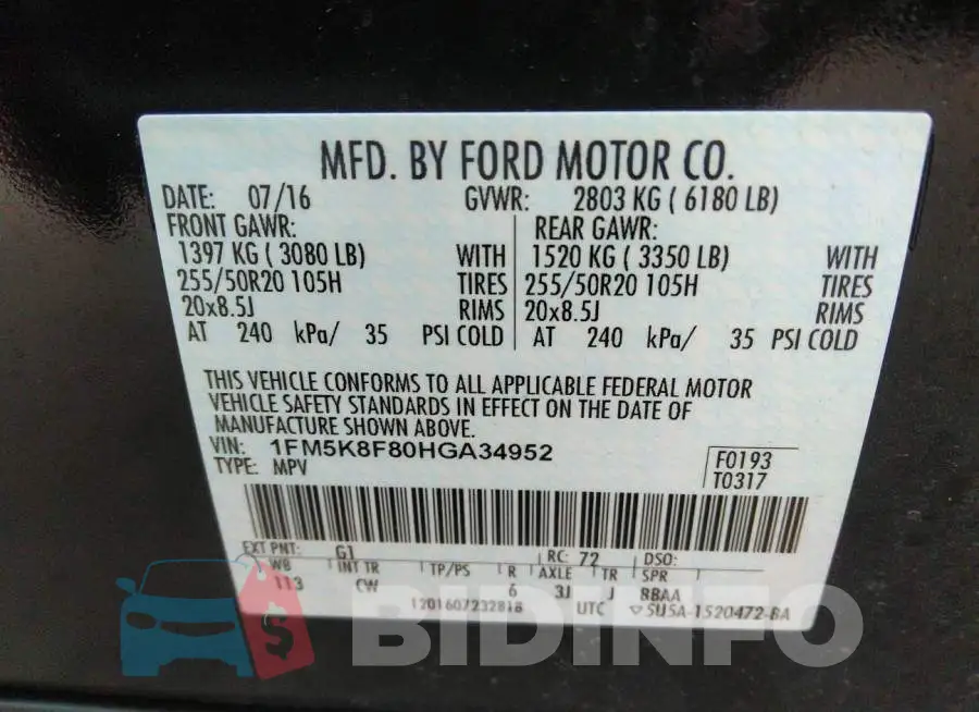 1FM5K8F80HGA34952 Photo# 9
