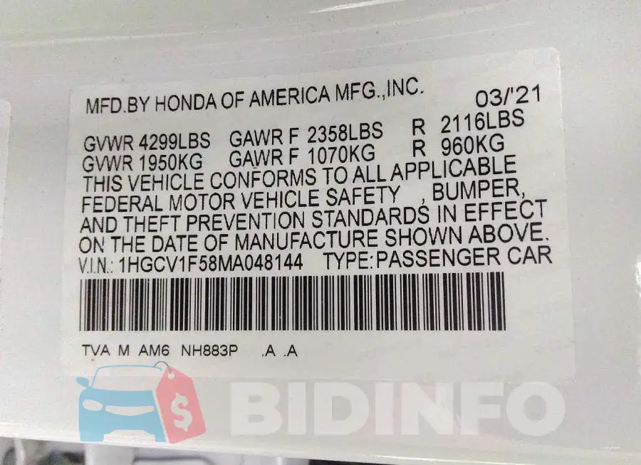 1HGCV1F58MA048144 Photo# 9