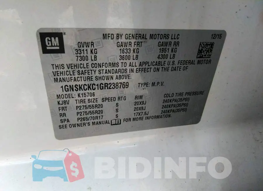 1GNSKCKC1GR238769 Photo# 9