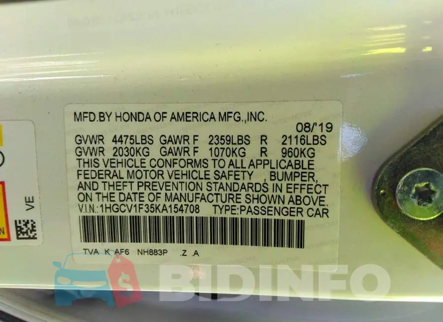 1HGCV1F35KA154708 Photo# 9