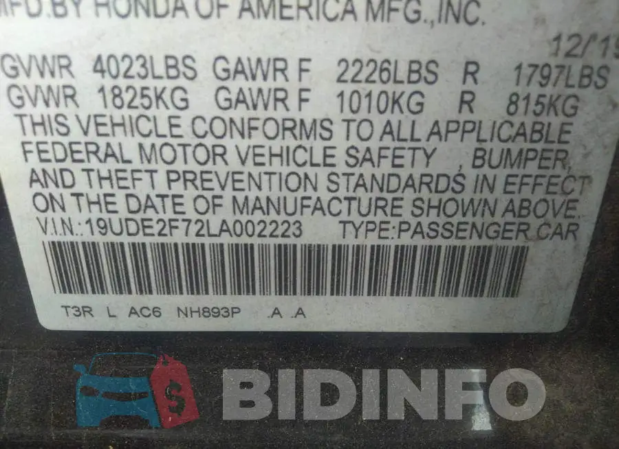 19UDE2F72LA002223 Photo# 9