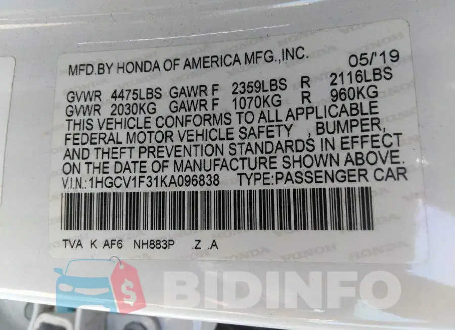 1HGCV1F31KA096838 Photo# 9