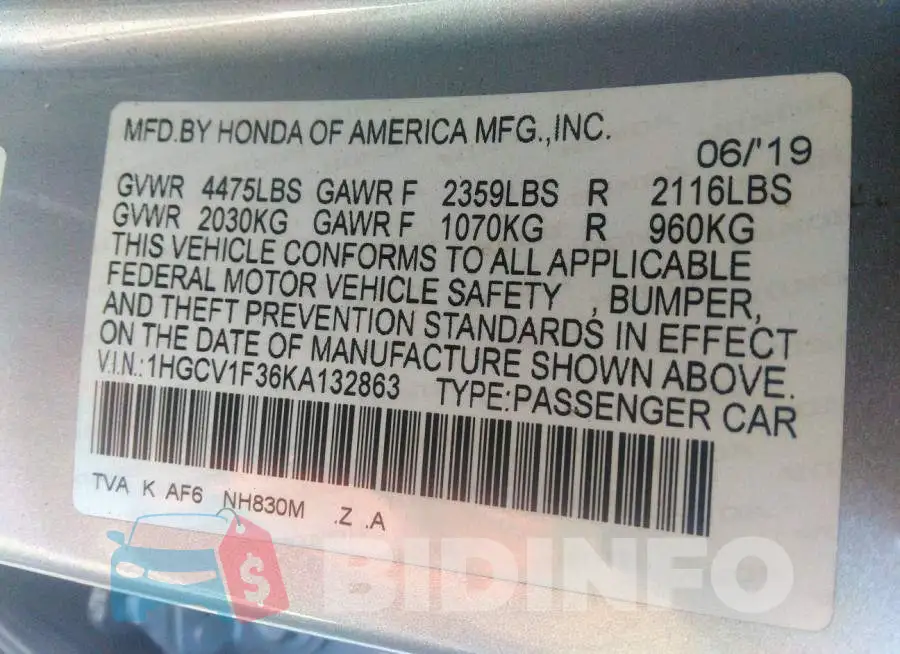 1HGCV1F36KA132863 Photo# 9