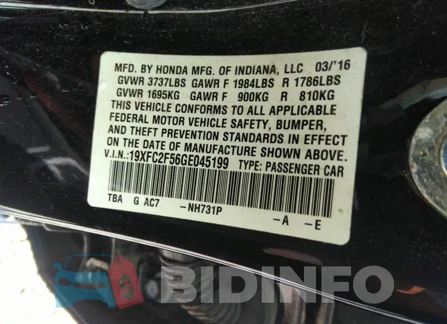 19XFC2F56GE045199 Photo# 9