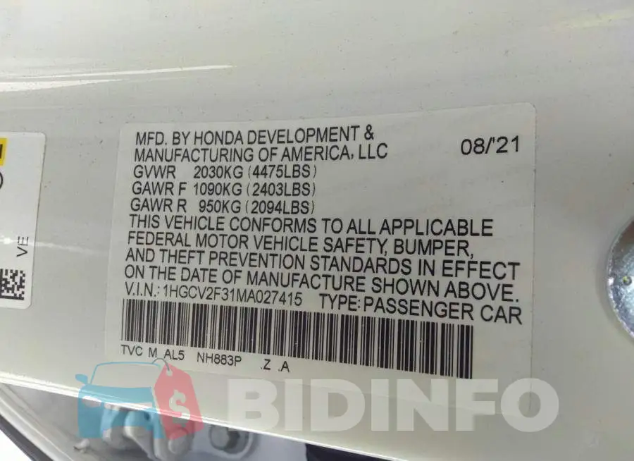 1HGCV2F31MA027415 Photo# 9