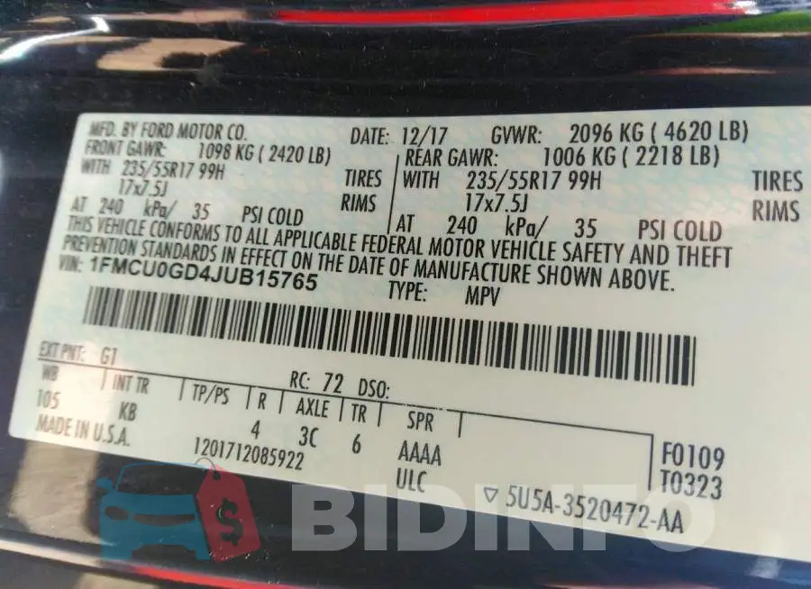 1FMCU0GD4JUB15765 Photo# 9