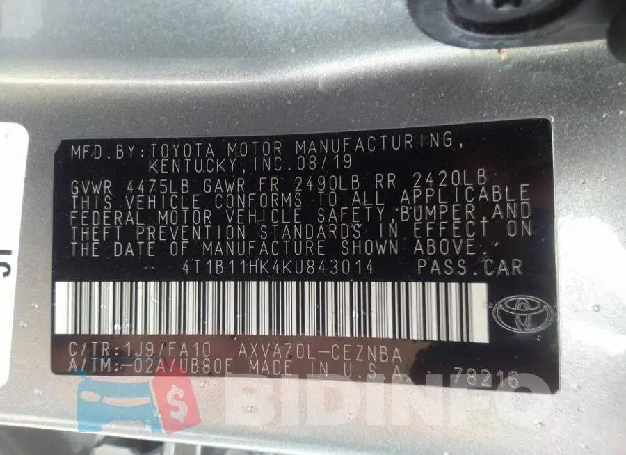 4T1B11HK4KU843014 Photo# 9