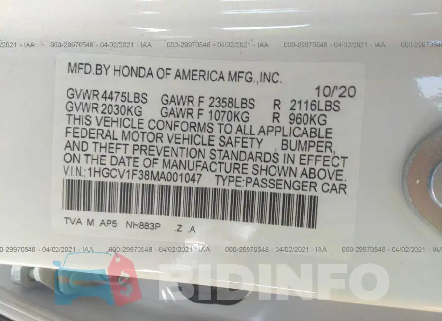 1HGCV1F38MA001047 Photo# 9