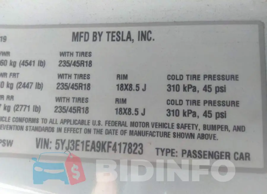 5YJ3E1EA9KF417823 Photo# 9