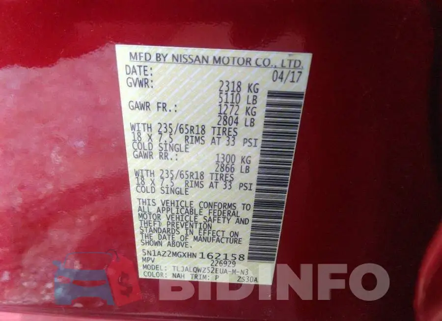 5N1AZ2MGXHN162158 Photo# 9
