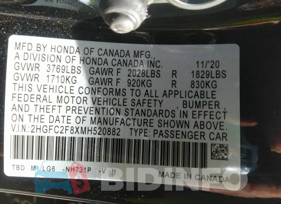 2HGFC2F8XMH520882 Photo# 9