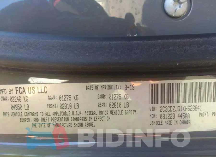 2C3CDZJG1KH626841 Photo# 9