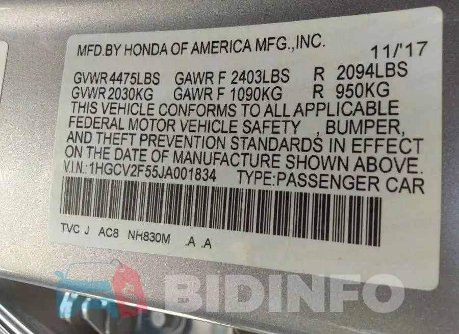1HGCV2F55JA001834 Photo# 9