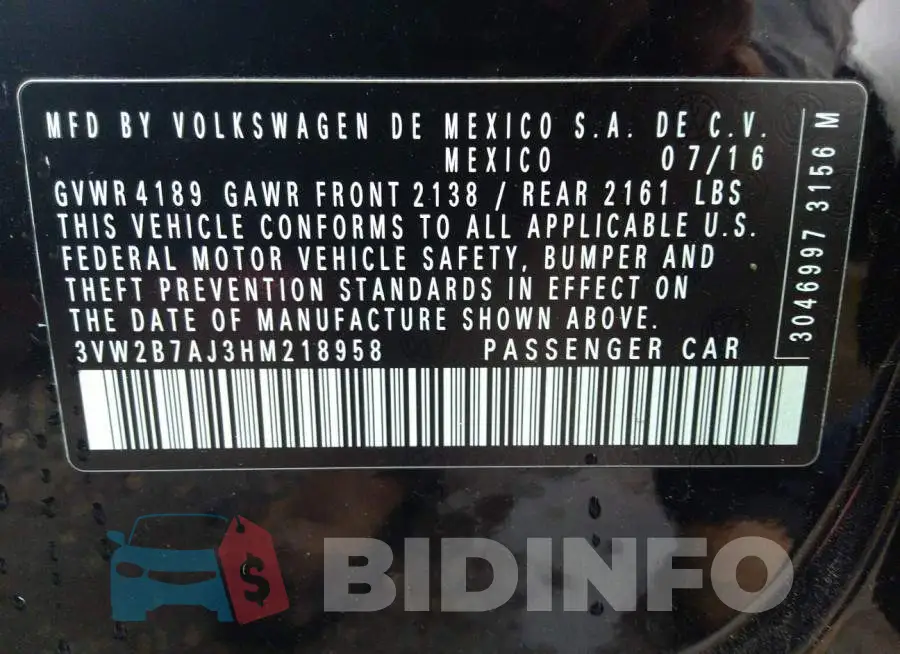 3VW2B7AJ3HM218958 Photo# 9