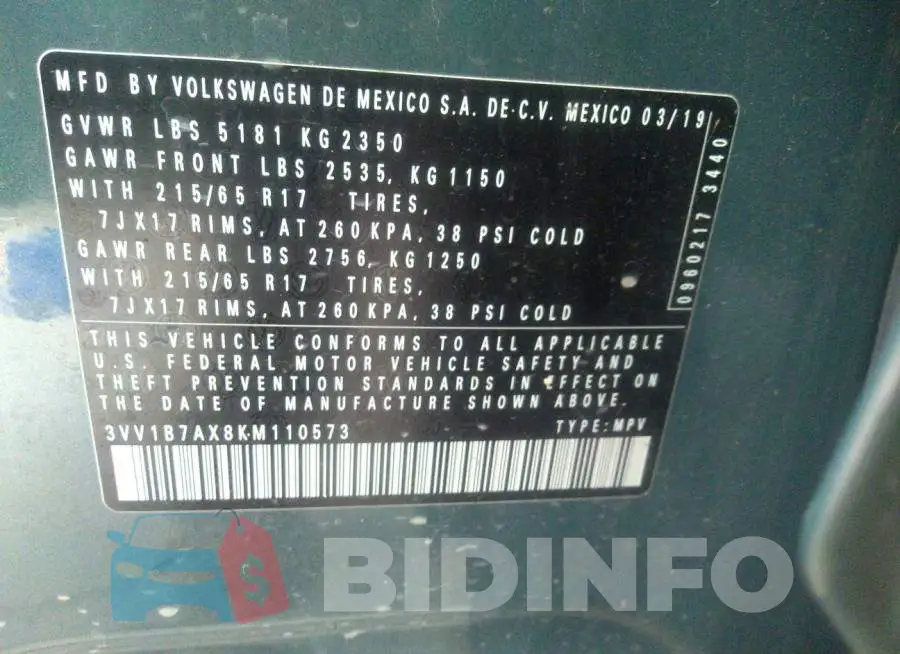 3VV1B7AX8KM110573 Photo# 9