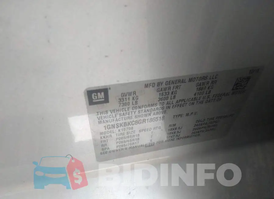 1GNSKBKC8GR186518 Photo# 9