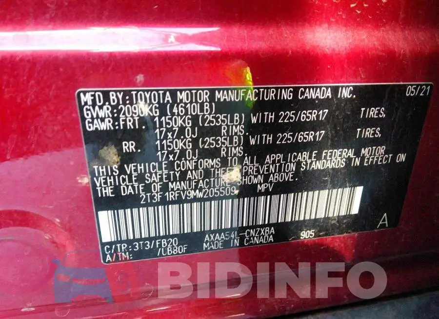 2T3F1RFV9MW205509 Photo# 9