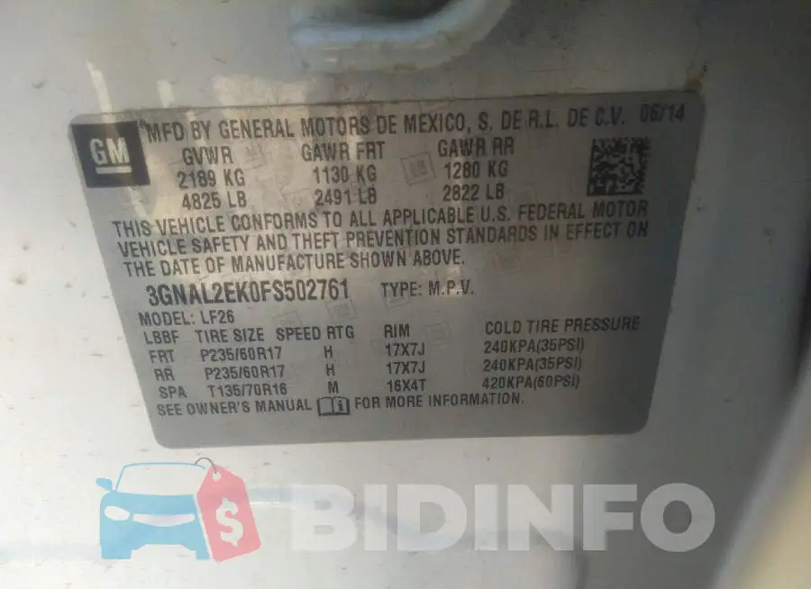 3GNAL2EK0FS502761 Photo# 9
