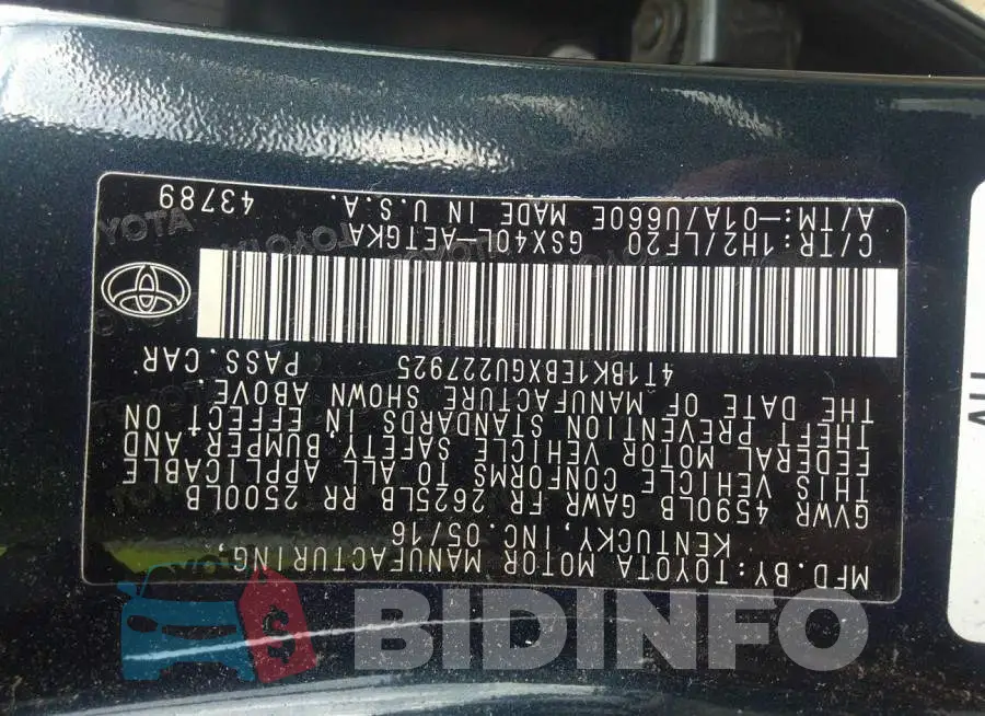 4T1BK1EBXGU227925 Photo# 9