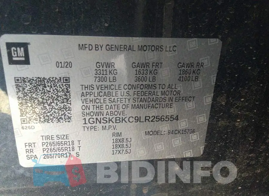 1GNSKBKC9LR256554 Photo# 9