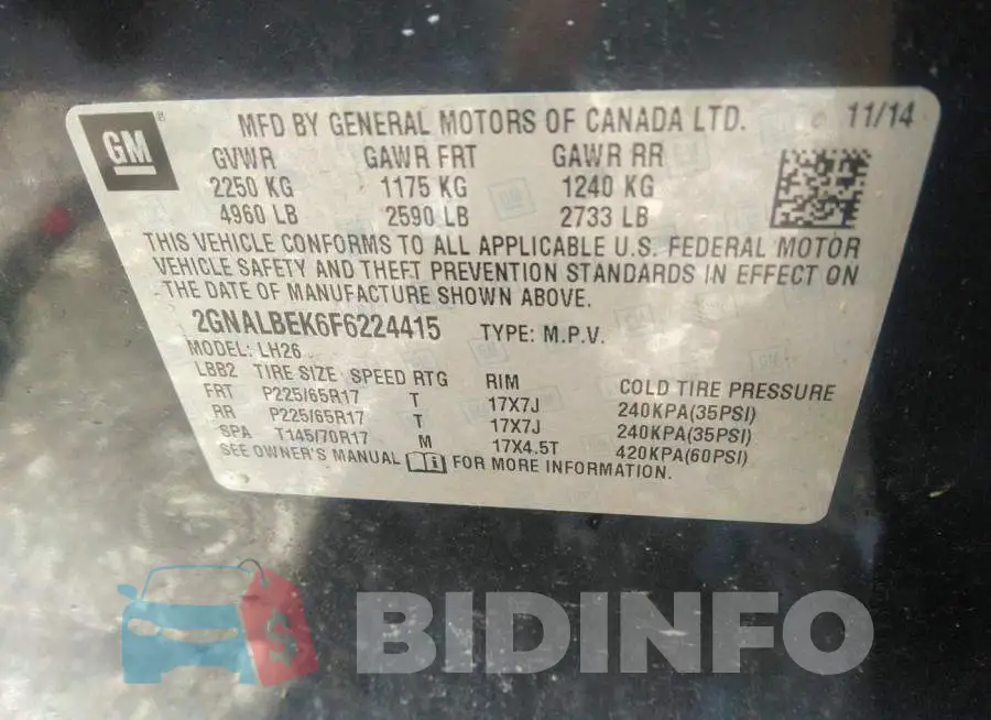 2GNALBEK6F6224415 Photo# 9