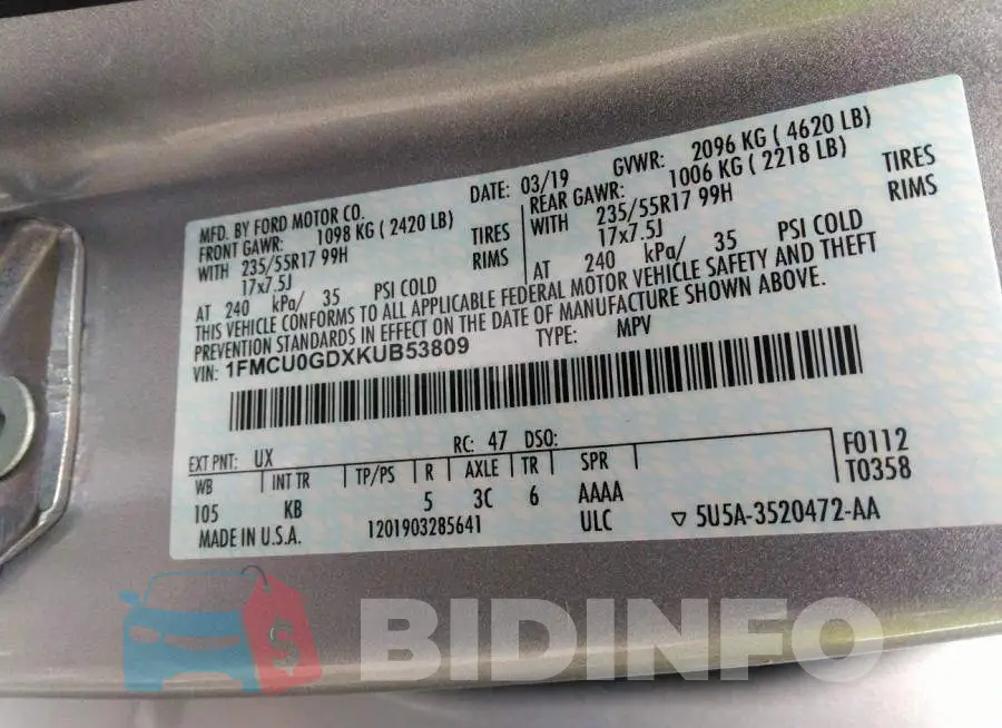 1FMCU0GDXKUB53809 Photo# 9