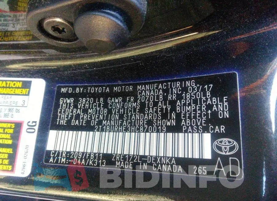 2T1BURHE3HC870019 Photo# 9
