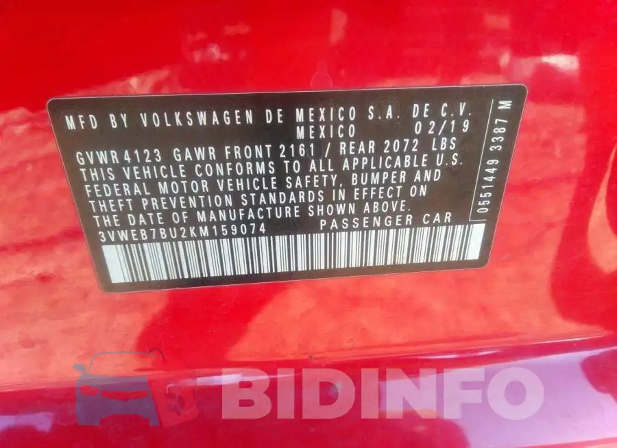 3VWEB7BU2KM159074 Photo# 9