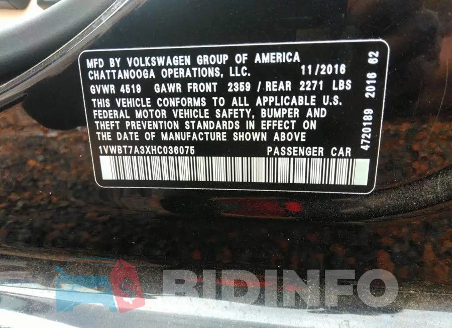 1VWBT7A3XHC036075 Photo# 9