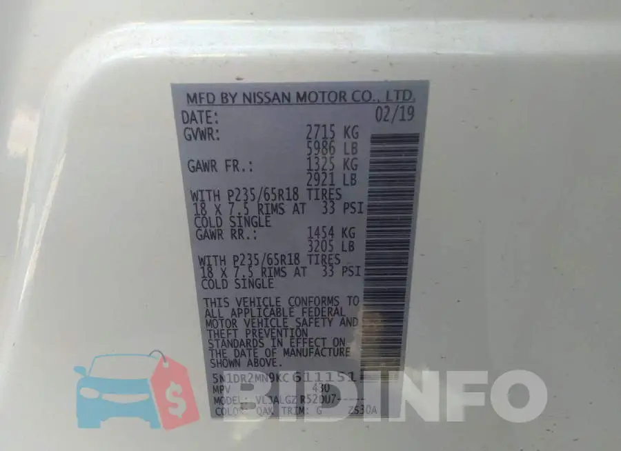 5N1DR2MN9KC611151 Photo# 9