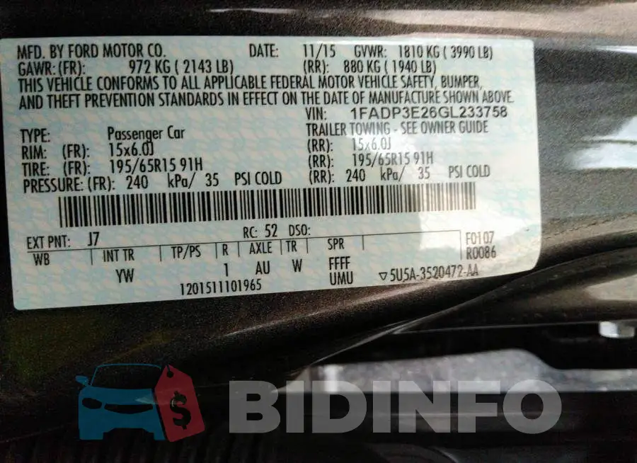 1FADP3E26GL233758 Photo# 9