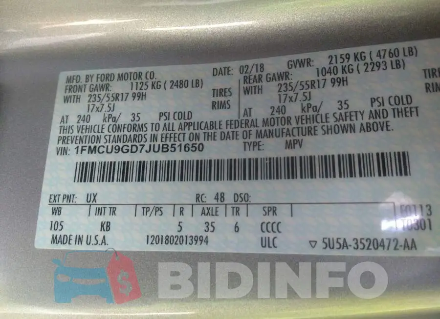 1FMCU9GD7JUB51650 Photo# 9