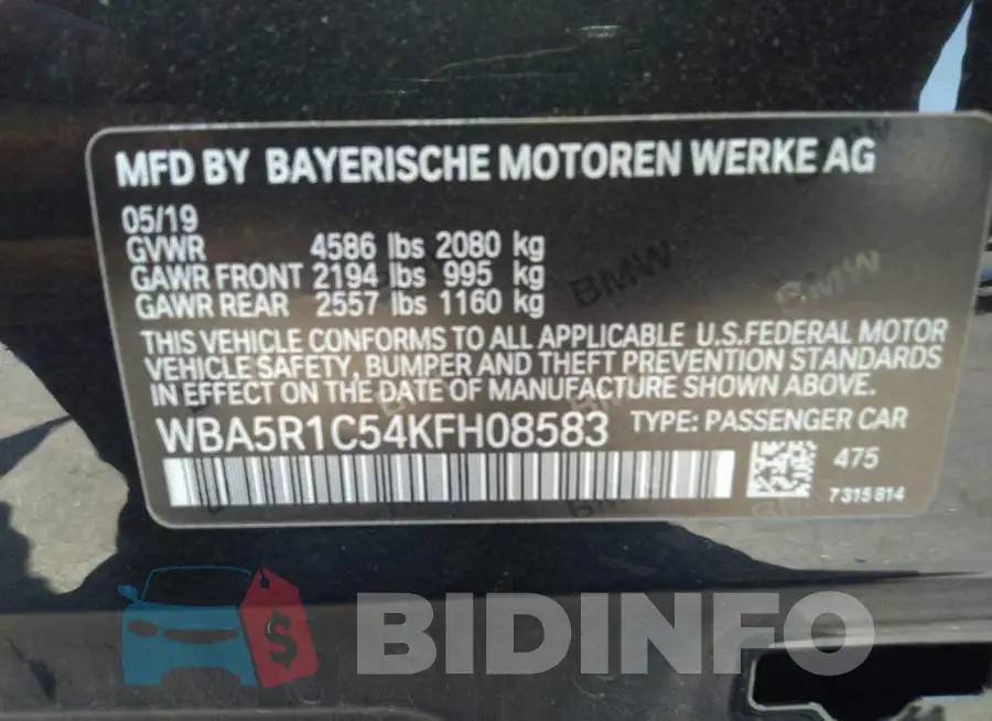 WBA5R1C54KFH08583 Photo# 9