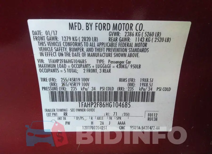 1FAHP2F86HG104685 Photo# 9