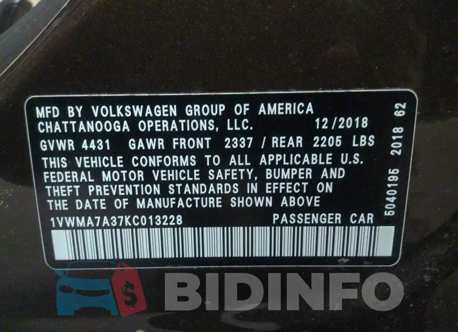 1VWMA7A37KC013228 Photo# 9