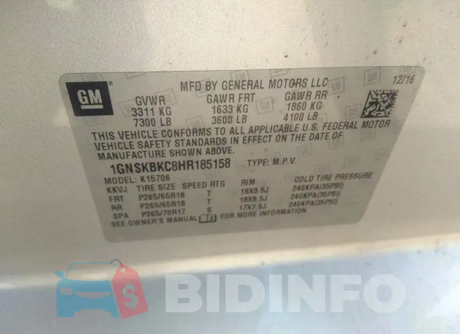 1GNSKBKC8HR185158 Photo# 9