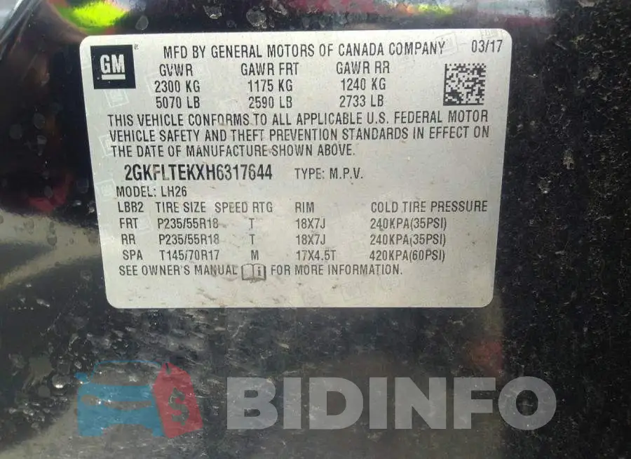 2GKFLTEKXH6317644 Photo# 9