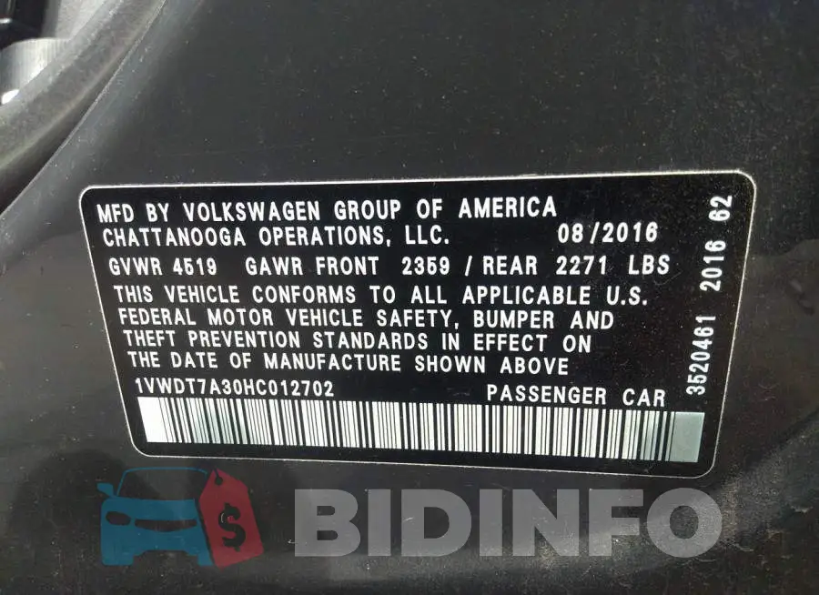 1VWDT7A30HC012702 Photo# 9