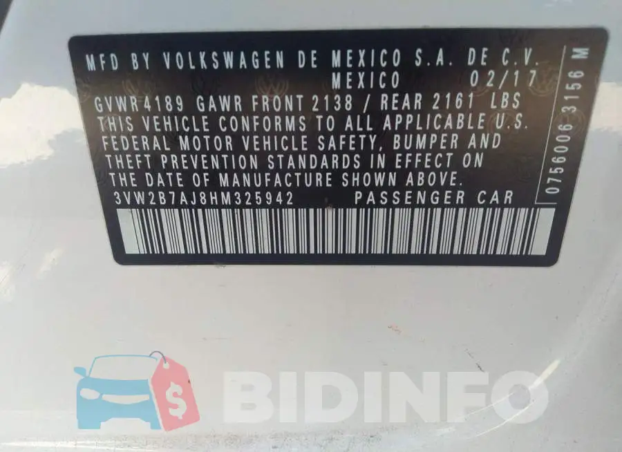 3VW2B7AJ8HM325942 Photo# 9