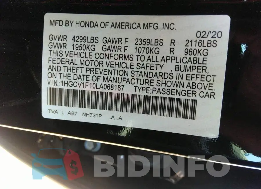 1HGCV1F10LA068187 Photo# 9